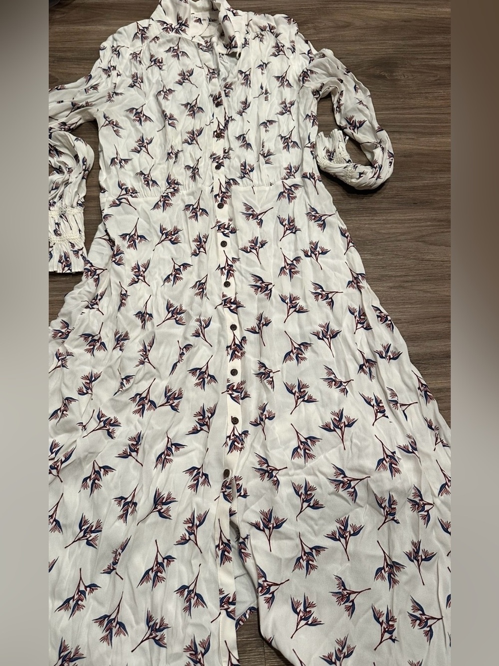 ba&sh White Floral Button-Front Maxi Dress with Navy and Pink Accents